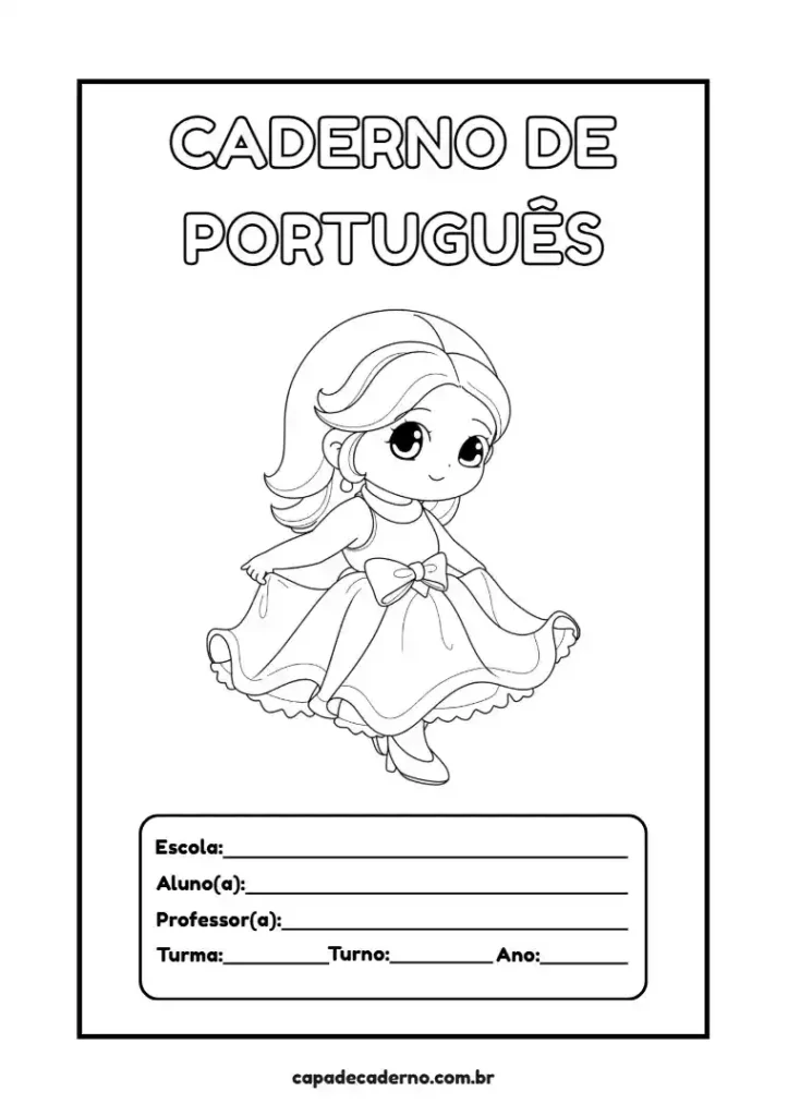 Capa de caderno feminino de português para colorir e imprimir grátis em pdf