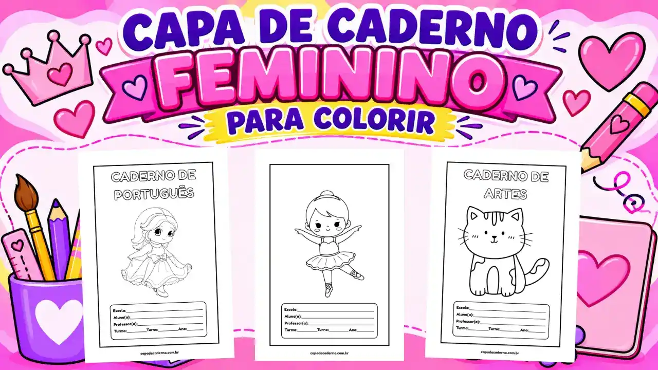 Capa de caderno feminino para colorir e imprimir grátis em pdf