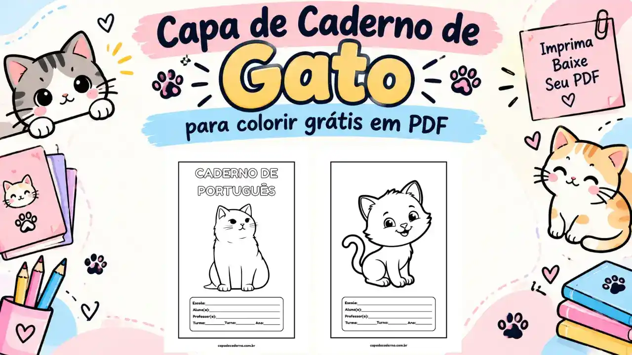 Capa de caderno de gato para colorir grátis em PDF para imprimir