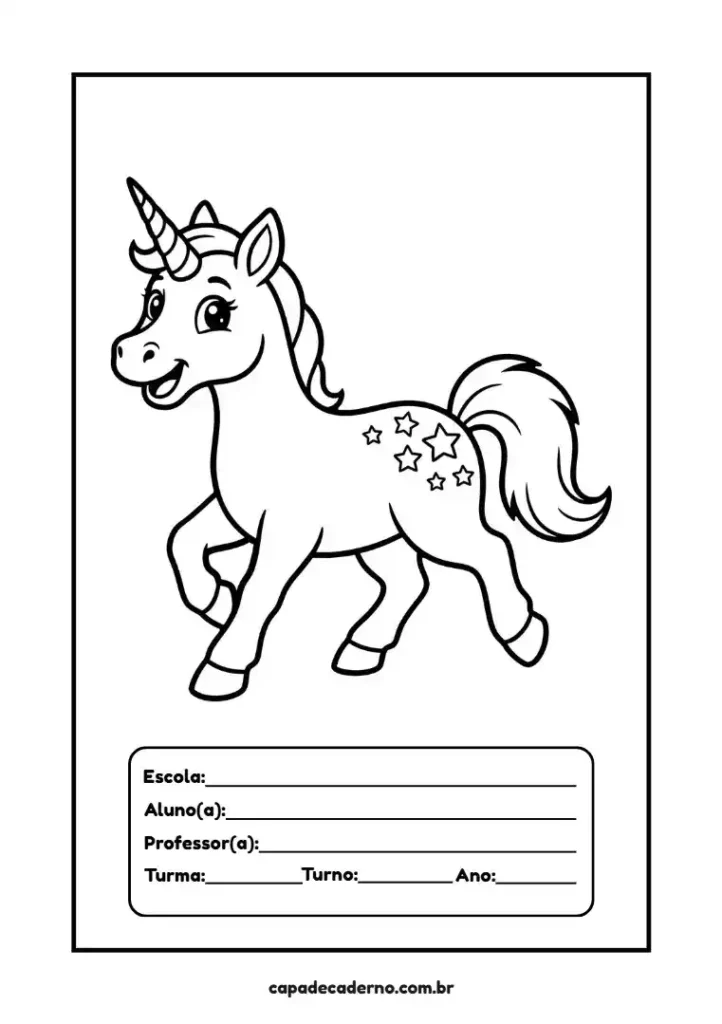 Capa de caderno de unicórnio para colorir e imprimir
