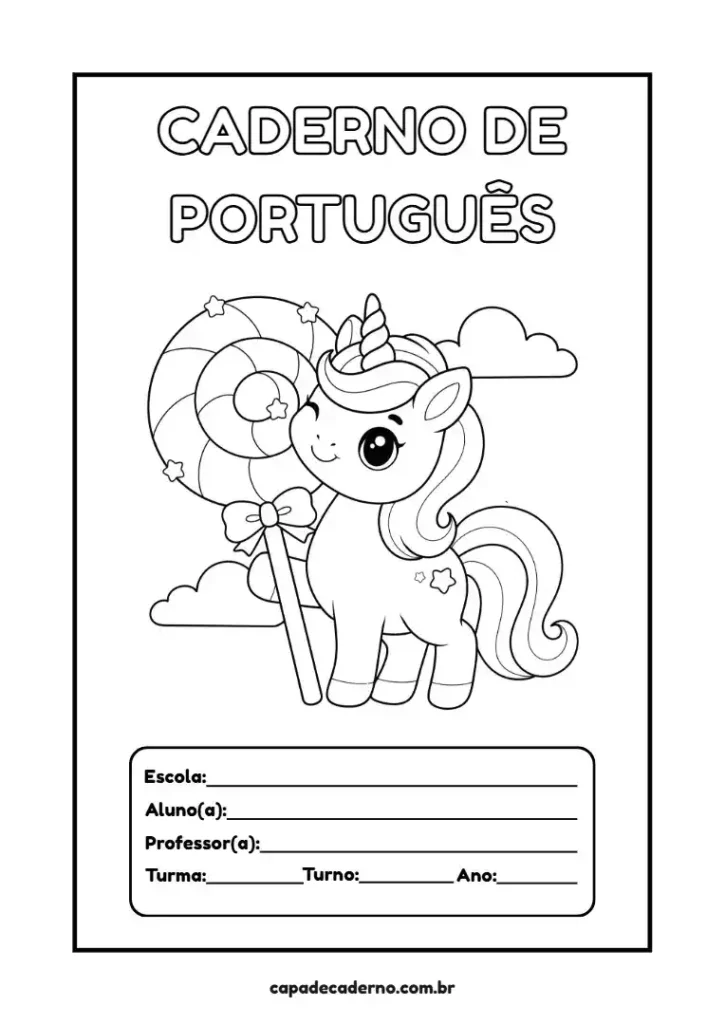 Capa de caderno de unicórnio para colorir e imprimir