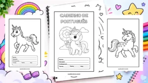 Capa de caderno de unicórnio para colorir e imprimir
