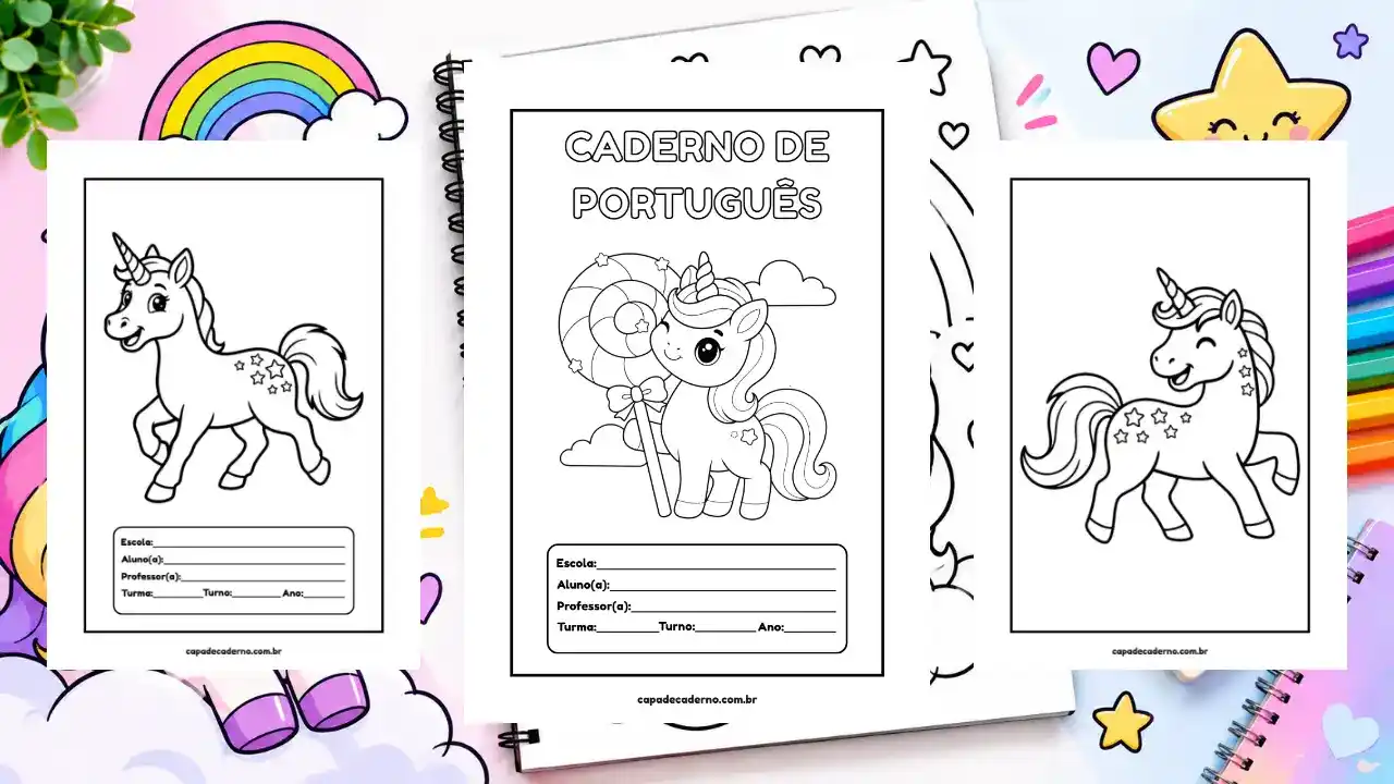 Capa de caderno de unicórnio para colorir e imprimir