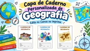Capa de caderno personalizada de geografia para editar no canva e imprimir em pdf