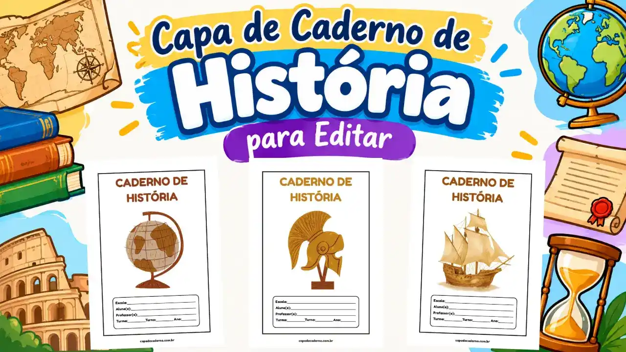 Capa de caderno personalizada de história: Editar no canva e imprimir em pdf